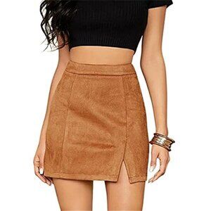 Womens High Waist Bodycon Mini Skirt Faux Suede Side Split Slim Fit Club Party